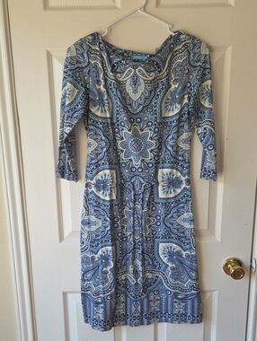 J. McLaughlin Dress XS Blue Paisley 3/4 Sleeves Mini Evening Business Classic